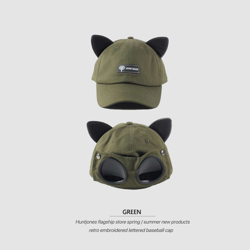 Cute Cat Ear Pilot Cap Unisex Summer Streetwear Army Green  - Image 1