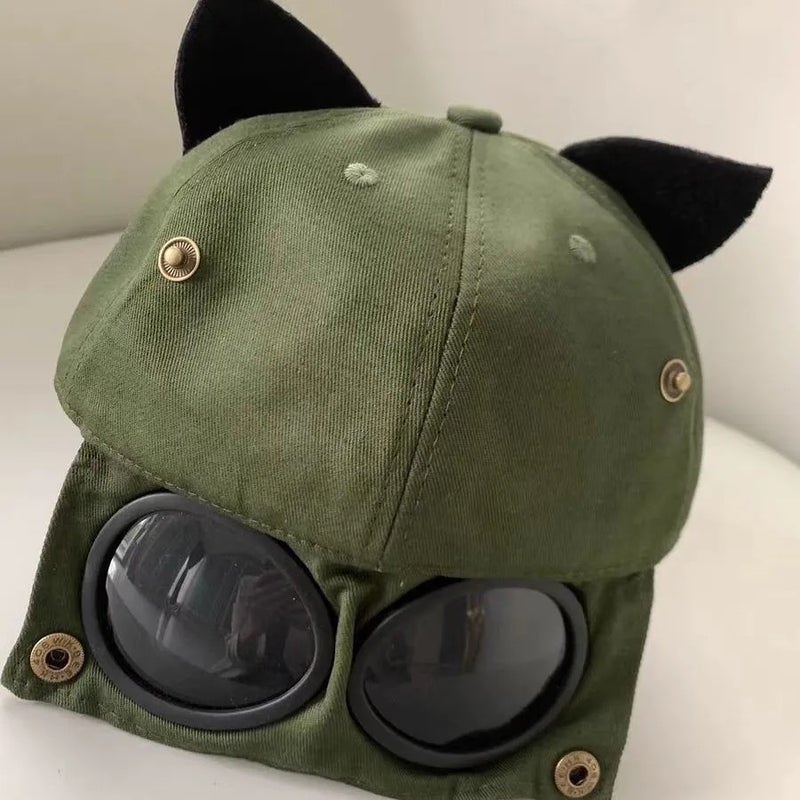 Cute Cat Ear Pilot Cap Unisex Summer Streetwear Army Green  - Image 5