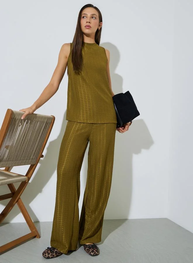 Styli Olive Sleeveless Textured Top and Trousers Co-ord Set