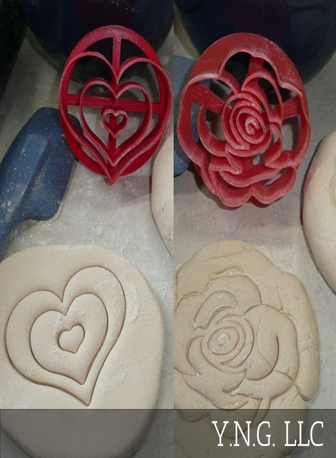YNGLLC LOVE THEMED HEART ROSE DESIGNS SET OF 2 CONCHA CUTTERS MEXICAN SWEET BREAD STAMP MADE IN USA PR1632, Red - Image 2