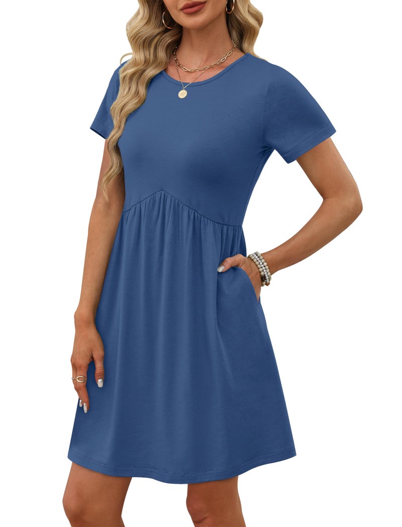OFEEFAN Babydoll Dress for Women Short Sleeve Casual Dresses for Women Tshirt Dress with Pockets Blue L - Image 3