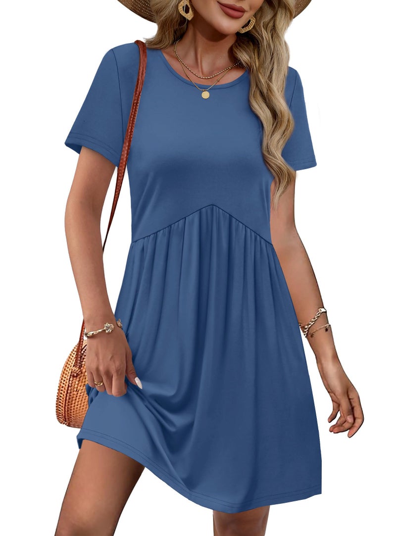 OFEEFAN Babydoll Dress for Women Short Sleeve Casual Dresses for Women Tshirt Dress with Pockets Blue L - Image 5