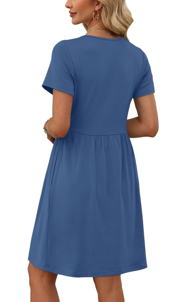 OFEEFAN Babydoll Dress for Women Short Sleeve Casual Dresses for Women Tshirt Dress with Pockets Blue L - Image 4