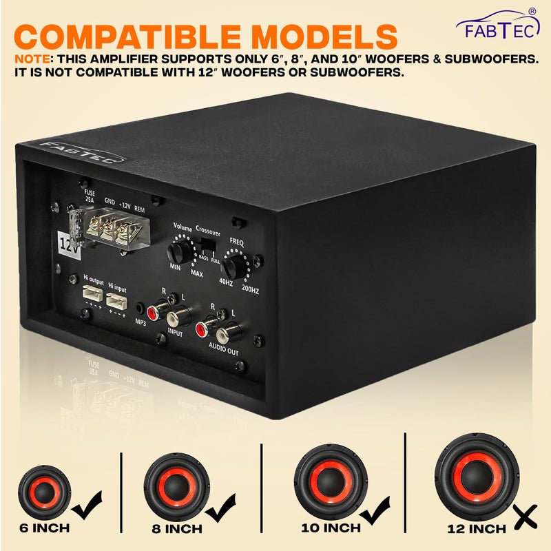 FABTEC مضخم صوت سيارة 120 واط مع مجموعة مضخم صوت جهير ثنائية القناة فئة AB 12 فولت DC MOSFET | معزز أسود فاخر - Image 2