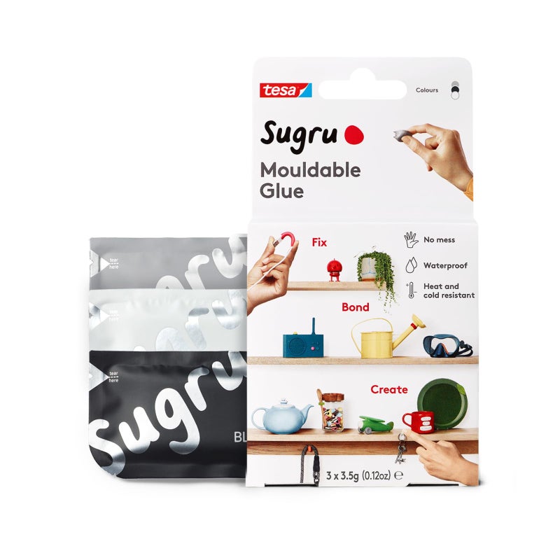 Tesa Sugru Super Glue - Waterproof Glue for Home Improvement + Craft Glue Tasks - Use as Wood Glue, Poster Putty or Silicone Adhesive for Repairing + Bonding - 3 Pack - Black, White + Grey (3.5g/ea) - Image 1