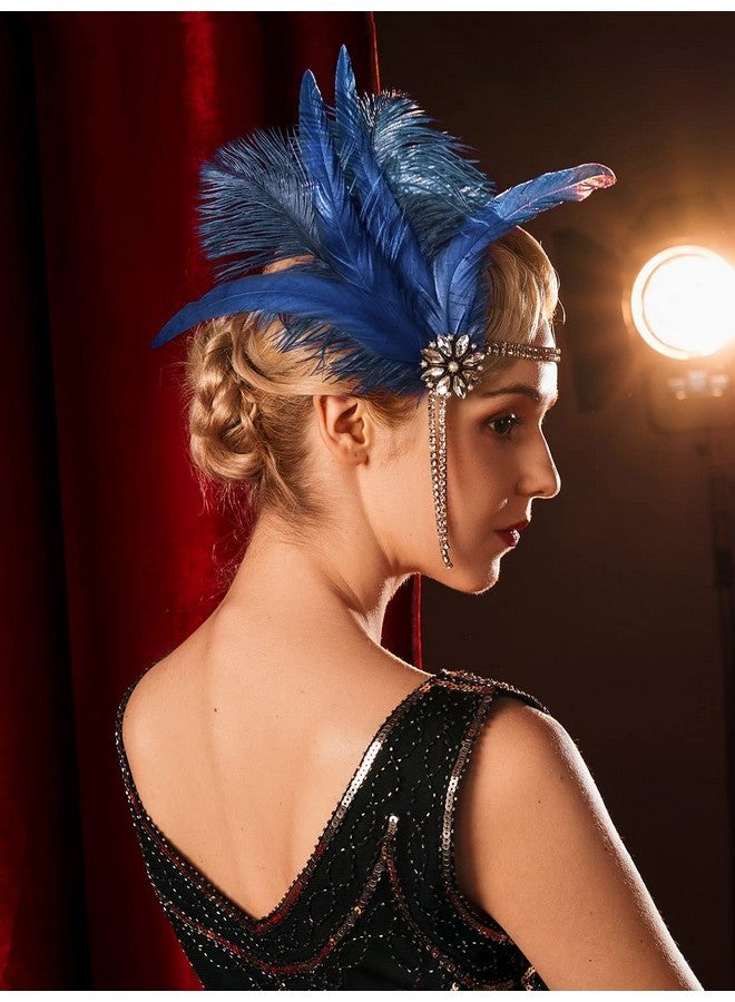 SWEETV 1920s Headpiece Flapper Headband, Rhinestone Pearl Feather Hair Band Great Gatsby Headpiece Accessoreis for Women,Dark Blue - Image 2