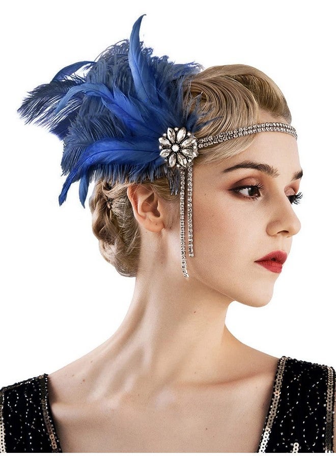SWEETV 1920s Headpiece Flapper Headband, Rhinestone Pearl Feather Hair Band Great Gatsby Headpiece Accessoreis for Women,Dark Blue - Image 1