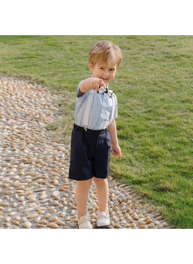 Luobobeibei Children's Summer Short-sleeve Shirt And Suspender Shorts Set, Boys' Children's Day Formal Wear, Navy Blue Four-piece Set, Size 120 - Image 4