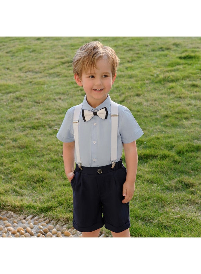 Luobobeibei Children's Summer Short-sleeve Shirt And Suspender Shorts Set, Boys' Children's Day Formal Wear, Navy Blue Four-piece Set, Size 120 - Image 5