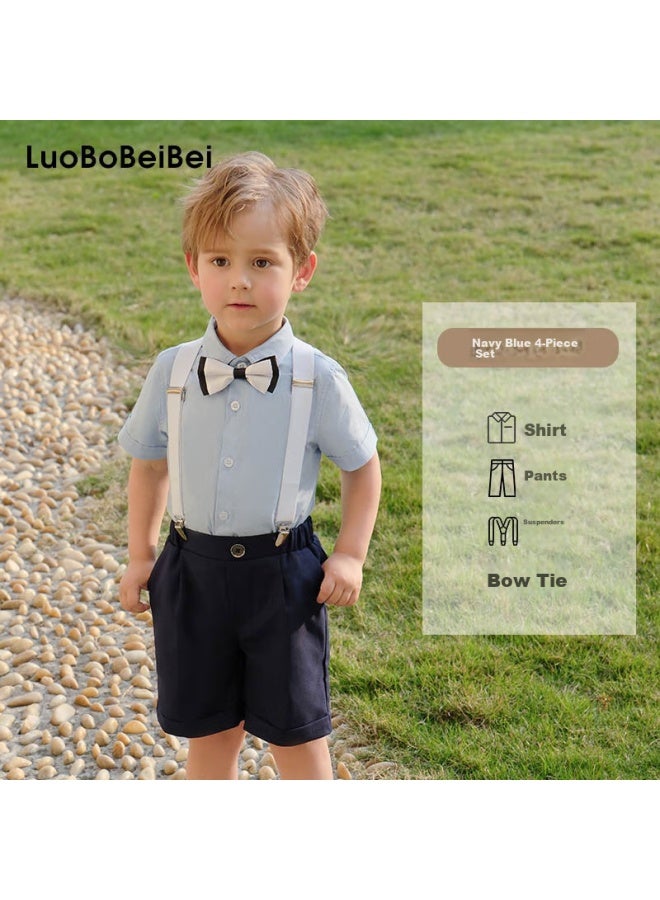 Luobobeibei Children's Summer Short-sleeve Shirt And Suspender Shorts Set, Boys' Children's Day Formal Wear, Navy Blue Four-piece Set, Size 120 - Image 1