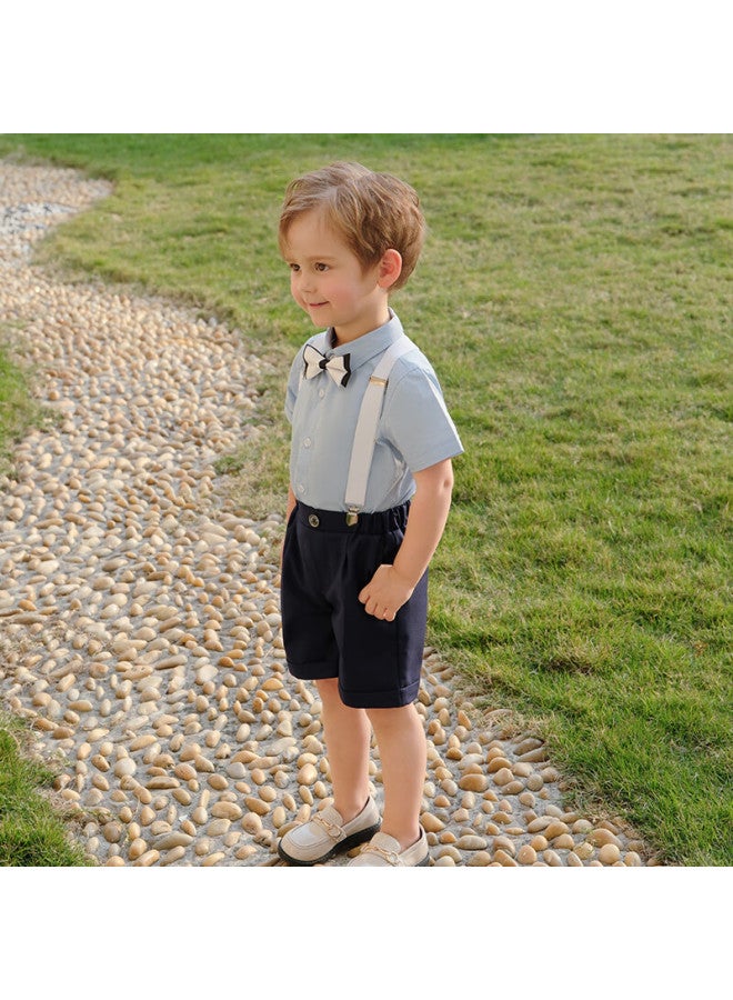 Luobobeibei Children's Summer Short-sleeve Shirt And Suspender Shorts Set, Boys' Children's Day Formal Wear, Navy Blue Four-piece Set, Size 120 - Image 2