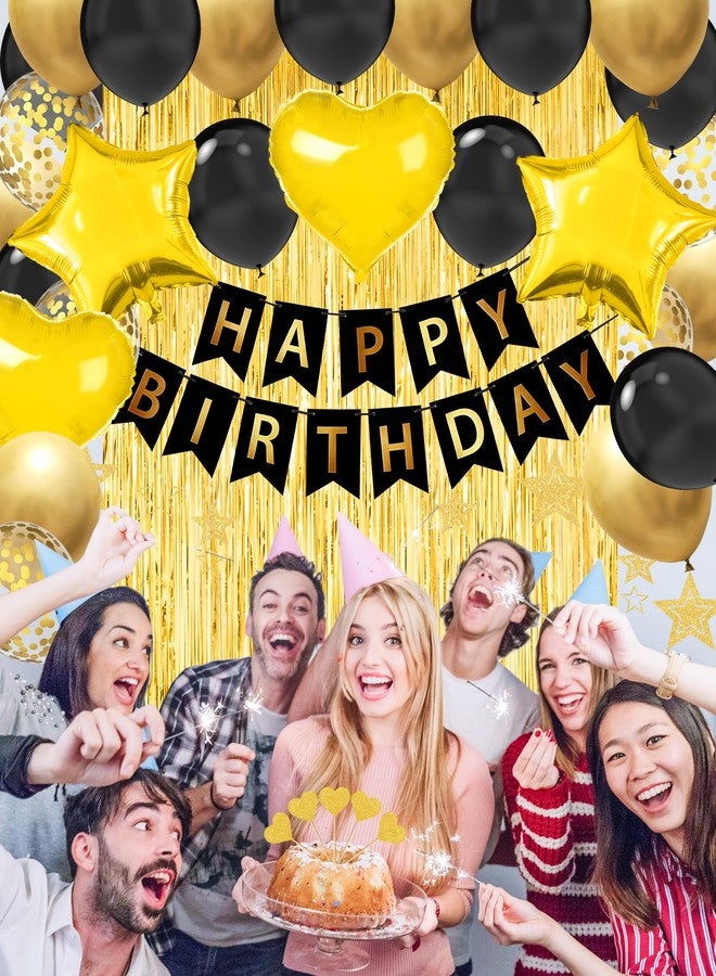 زينة حفلات عيد ميلاد سعيد باللونين الأسود والذهبي من لوتويز، لافتة عيد ميلاد سعيد، بالونات قصاصات ورقية على شكل قلوب ونجوم باللونين الأسود والذهبي، ستارة خلفية، زينة حفلات حلزونية معلقة للأولاد والرجال - Image 2