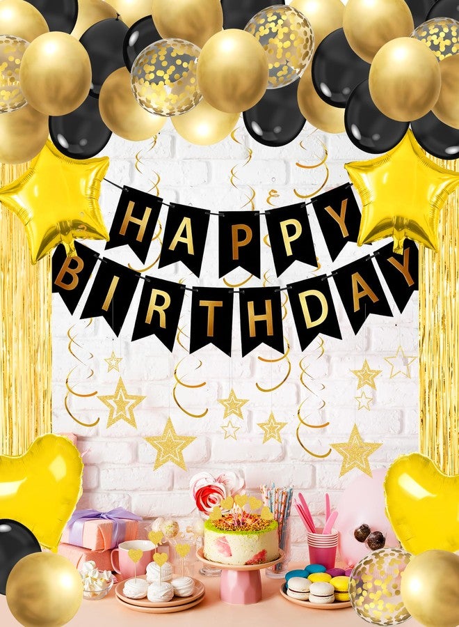 زينة حفلات عيد ميلاد سعيد باللونين الأسود والذهبي من لوتويز، لافتة عيد ميلاد سعيد، بالونات قصاصات ورقية على شكل قلوب ونجوم باللونين الأسود والذهبي، ستارة خلفية، زينة حفلات حلزونية معلقة للأولاد والرجال - Image 5