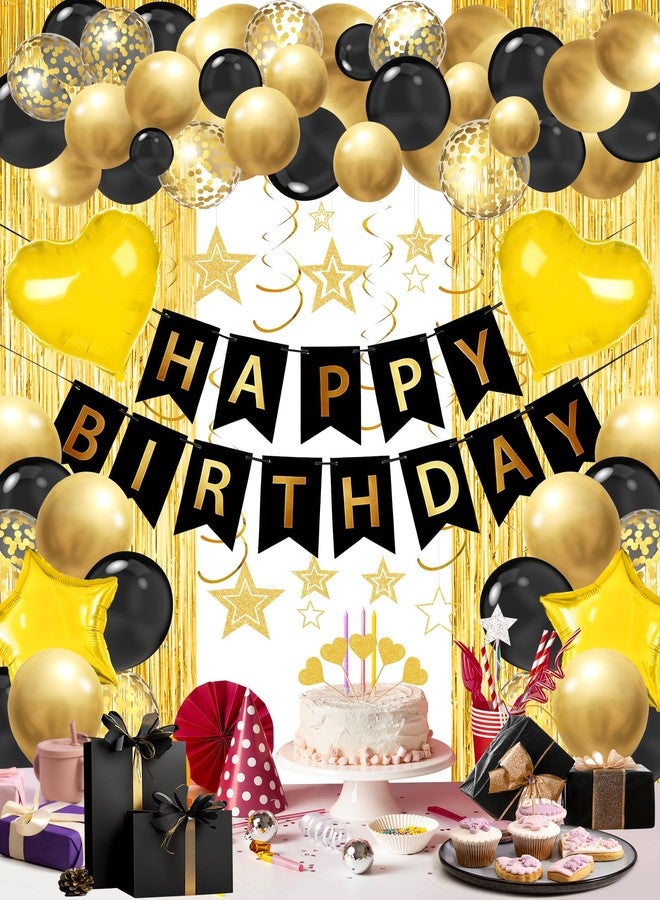 زينة حفلات عيد ميلاد سعيد باللونين الأسود والذهبي من لوتويز، لافتة عيد ميلاد سعيد، بالونات قصاصات ورقية على شكل قلوب ونجوم باللونين الأسود والذهبي، ستارة خلفية، زينة حفلات حلزونية معلقة للأولاد والرجال - Image 1