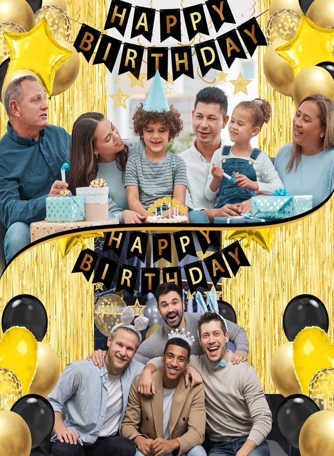 زينة حفلات عيد ميلاد سعيد باللونين الأسود والذهبي من لوتويز، لافتة عيد ميلاد سعيد، بالونات قصاصات ورقية على شكل قلوب ونجوم باللونين الأسود والذهبي، ستارة خلفية، زينة حفلات حلزونية معلقة للأولاد والرجال - Image 3