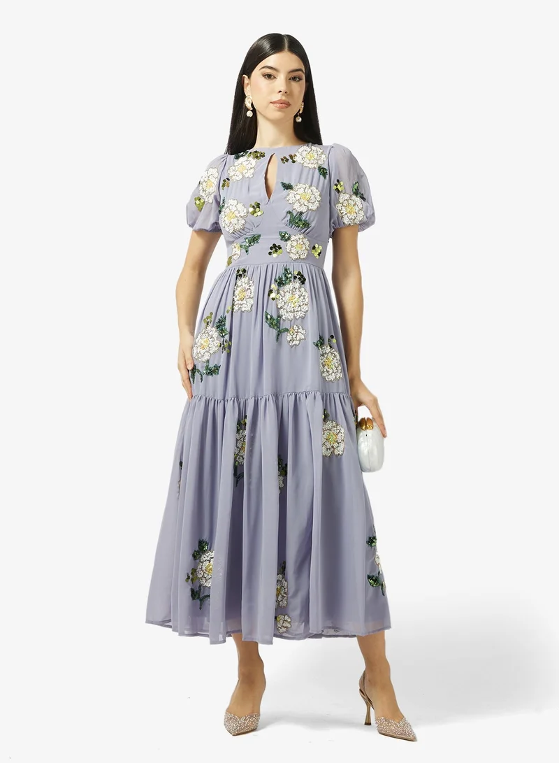 Maya Contrast Floral Embellished Puff Sleeve Maxi Dress