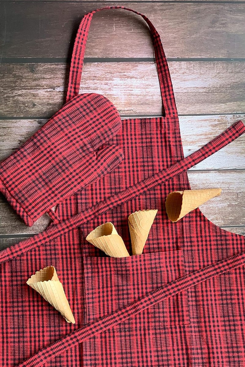 PIXEL HOME Cotton Apron with Front Center Pocket - Red Stripe - Image 3