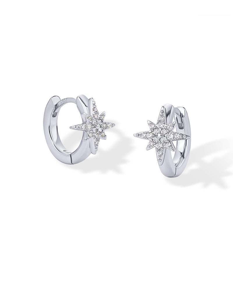PAVOI Rhodium Plated 925 Sterling Silver Posts Small Huggie Hoop Earrings for Women - Trendy Celestial North Star Hoop Earrings - Cubic Zirconia Cute Gold Motif Jewelry - Image 3