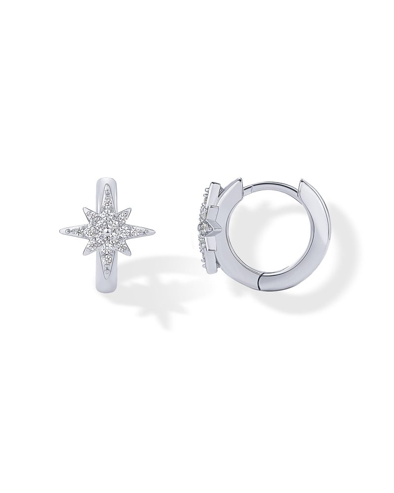 PAVOI Rhodium Plated 925 Sterling Silver Posts Small Huggie Hoop Earrings for Women - Trendy Celestial North Star Hoop Earrings - Cubic Zirconia Cute Gold Motif Jewelry - Image 1