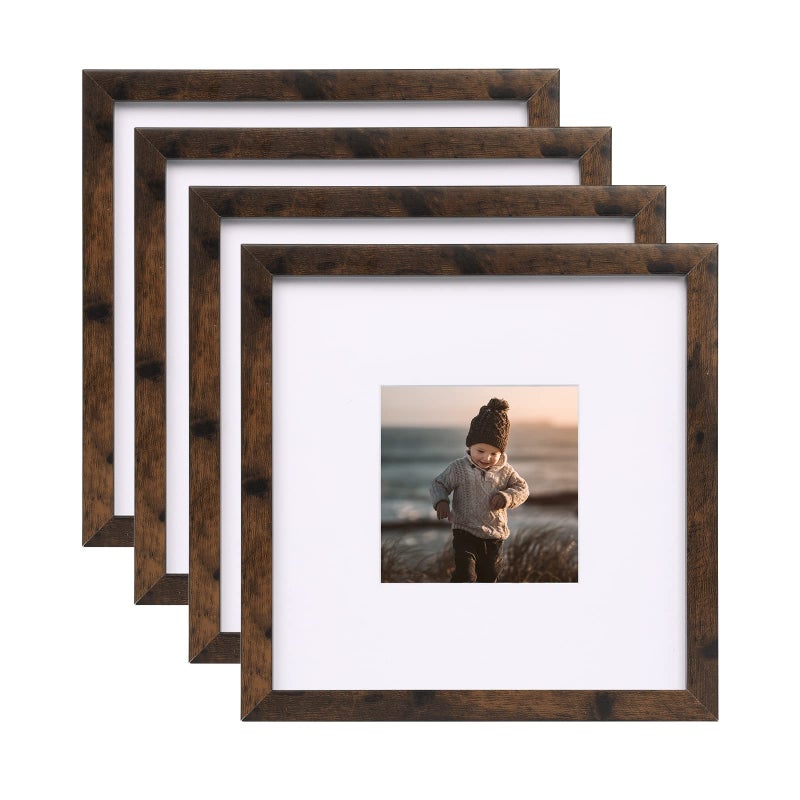 KINLINK 8x8 Picture Frames Rustic Brown  Square Photo Frames with Plexiglass  Composite Wood Picture Frames for Tabletop and Wall Mounting Display  Set of 4 - Image 1