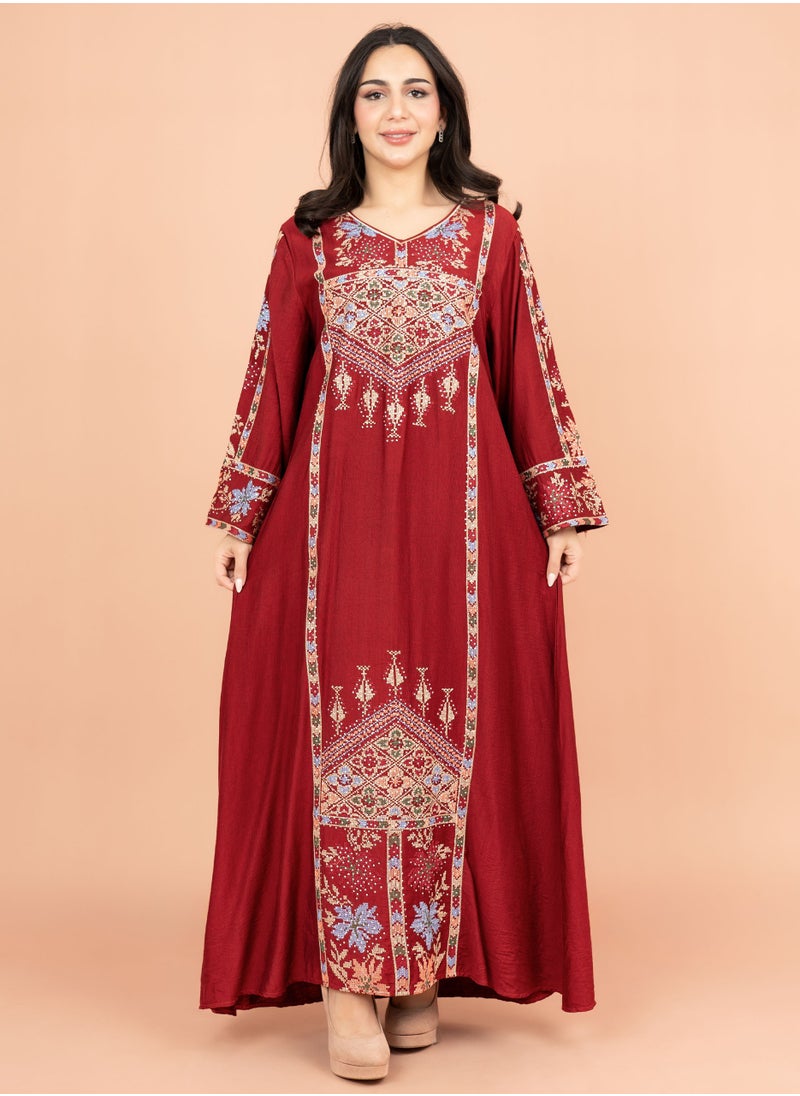 IKKXA Exquisite Embroidered Jalabiya with Delicate Details IK4008 Red  - Image 1