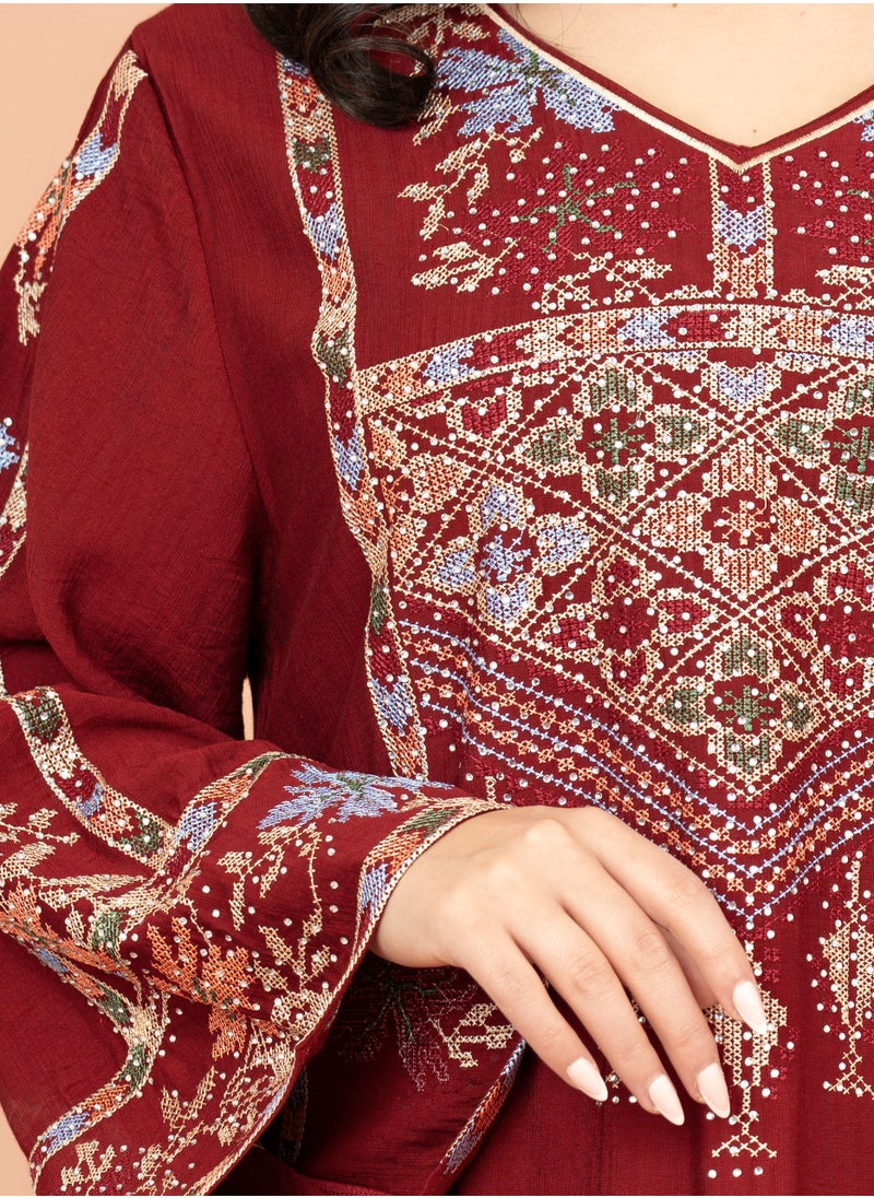 IKKXA Exquisite Embroidered Jalabiya with Delicate Details IK4008 Red  - Image 2