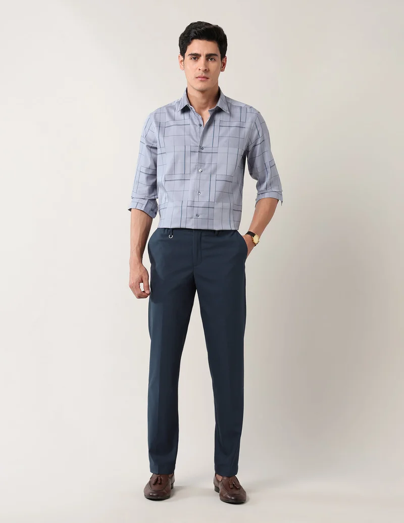 Arrow Blue Dobby Mid Rise Trousers for Men | Best Price UAE