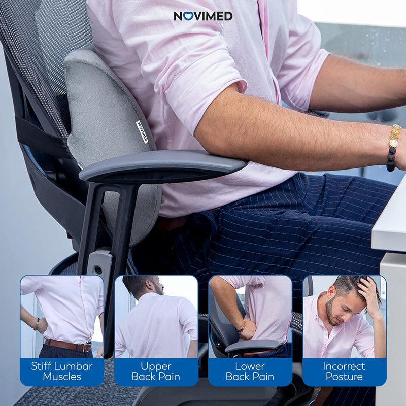 NOVIMED Memory Foam Lumbar Support Cushion - Ergonomic Back Pain Relief for Sciatica, Tailbone, and Hemorrhoids - Thicker, Breathable, and Non-Slip Design for Long Drives - Grey - Image 3