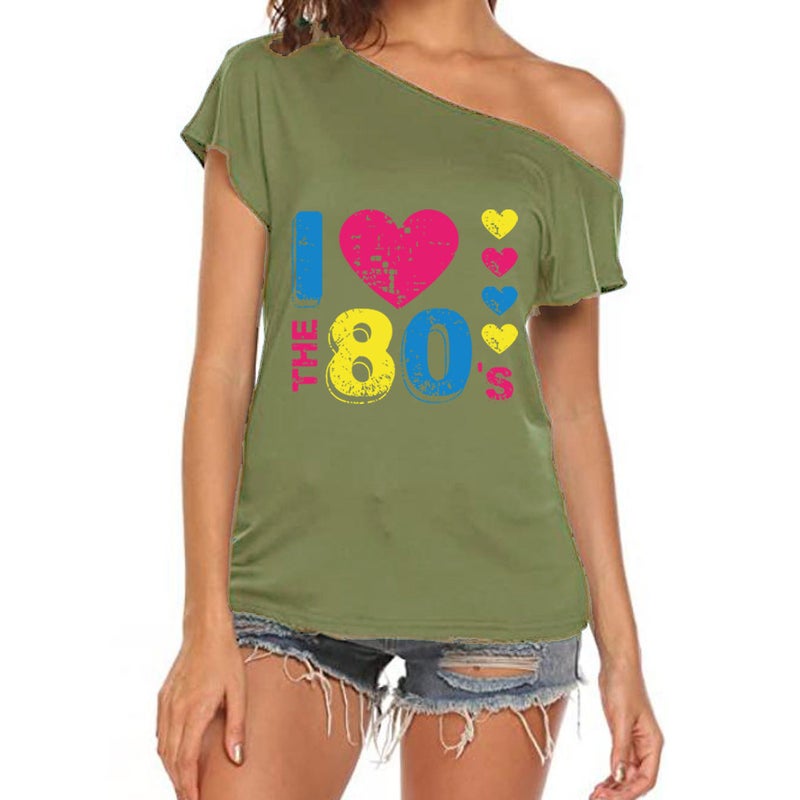I Love The 80's oblique collar off-shoulder irregular short sleeve T-shirt women - Image 1