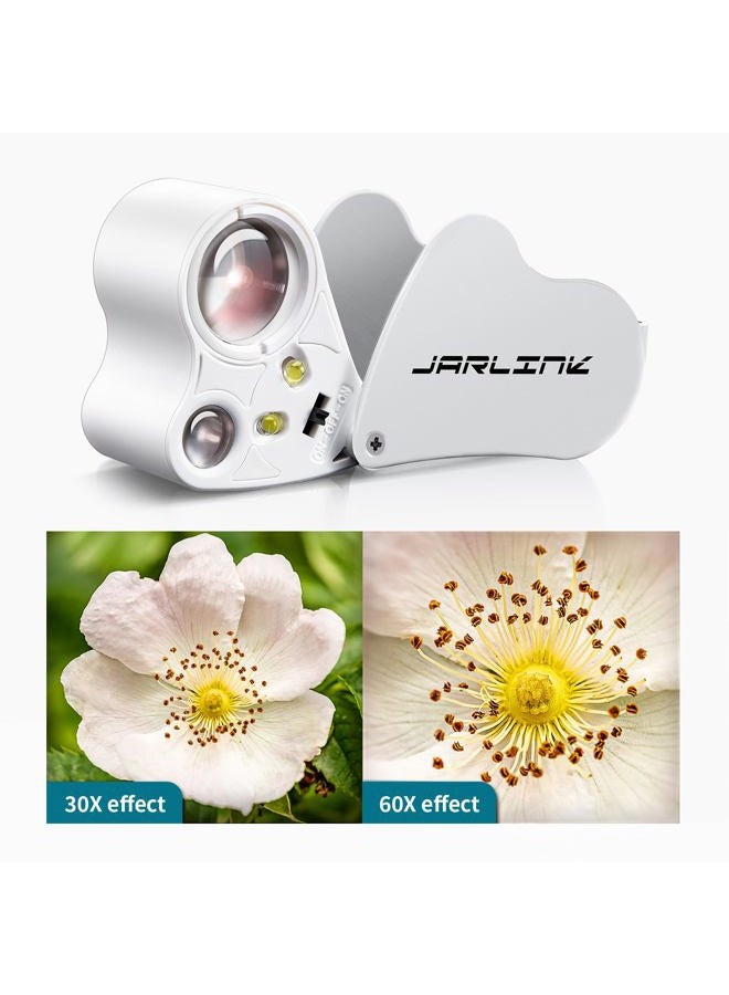 JARLINK (White) - 30X 60X Illuminated Jewellers Eye Loupe Magnifier, Foldable Jewellery Magnifier with Bright LED Light for Gems, Jewellery, Coins, Stamps, etc - Image 3