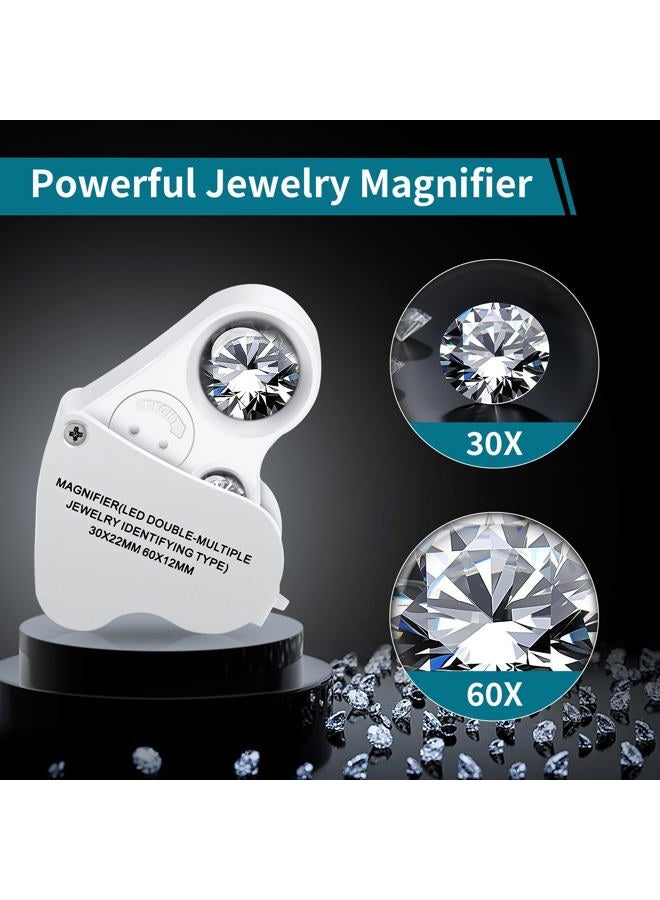 JARLINK (White) - 30X 60X Illuminated Jewellers Eye Loupe Magnifier, Foldable Jewellery Magnifier with Bright LED Light for Gems, Jewellery, Coins, Stamps, etc - Image 2