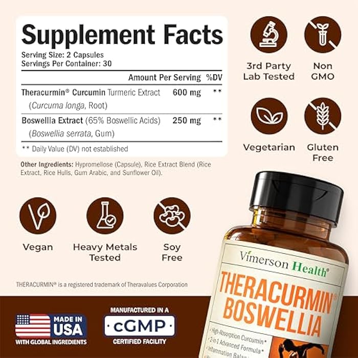 Vimerson Health Advanced Turmeric Curcumin Supplement for Joint Support & Inflammation – Enhanced Absorption Theracurmin 600mg with Boswellia Serrata for Mobility & Recovery – Vegan, Gluten Free – 60 Capsules - Image 3