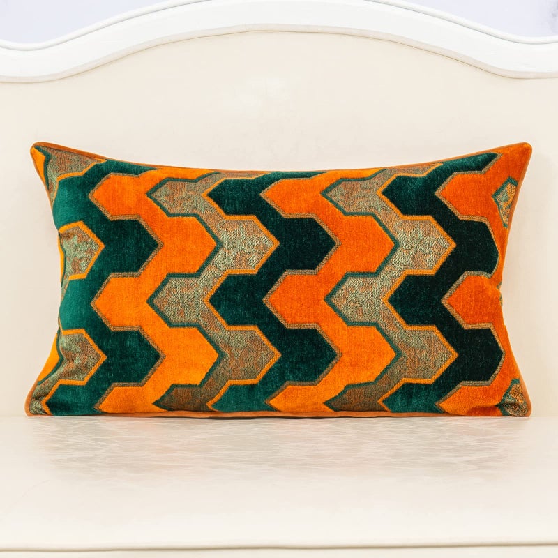 Alerfa Rectangle Pillow Geometric Stripes Embroidery Cut Velvet Cushion Case Luxury Modern Lumbar Throw Pillow Cover Decorative Pillow for Couch Sofa Living Room Bedroom Car 12 x 20 Inch Teal Orange