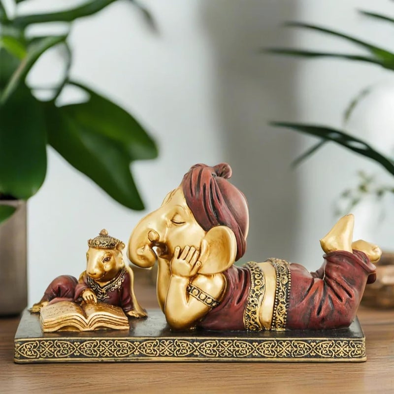 Karigaari India Lord Ganesha Reading Book with Mouse Ganeshji Murti Idol Decorative Religious Showpiece for Home Decor Pooja Room Temple House Warming Gift - Image 1