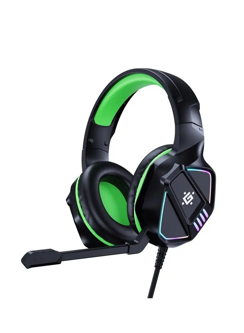 Defender Gaming Headset for PC and Laptop With USB AND 3.5mm Jack 1.8m cable length , Black - Green , RGB LED light , volume control and noise-cancelling microphone for crystal-clear communication. - Image 1