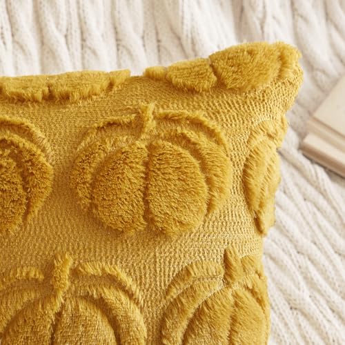MIULEE Fall Throw Pillow Covers 18x18 Set of 2 Autumn Decorations Mustard Yellow Pumpkin Accent Pillowcase for Outdoor Porch Sofa Couch Bed Living Room Plush Faux Fur Halloween Farmhouse Home Decor - Image 3