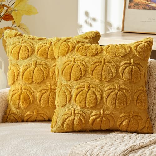 MIULEE Fall Throw Pillow Covers 18x18 Set of 2 Autumn Decorations Mustard Yellow Pumpkin Accent Pillowcase for Outdoor Porch Sofa Couch Bed Living Room Plush Faux Fur Halloween Farmhouse Home Decor - Image 1