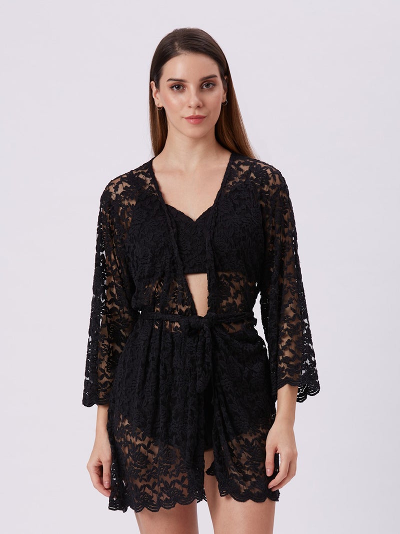 AMMARZO Women’s Black Lace Robe with Belt | Elegant Nightwear Cover Up | Sheer Floral Design Nylon Spandex Sleepwear for Ladies | Luxury Night Robe for Women - Image 1