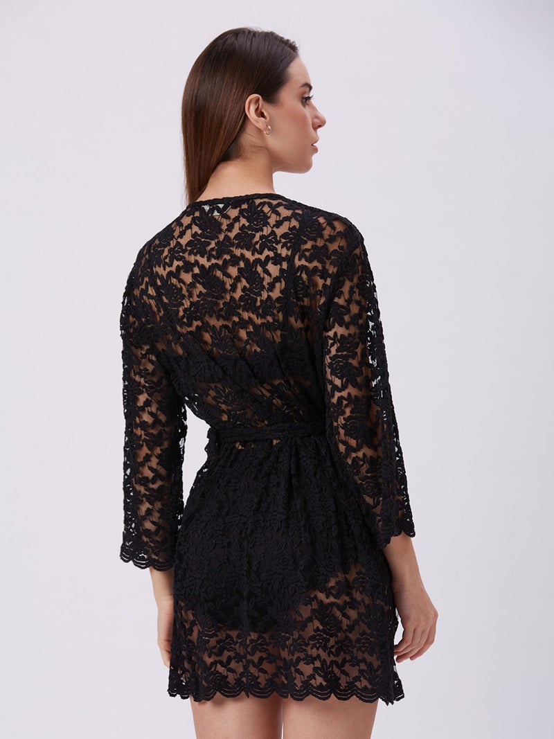 AMMARZO Women’s Black Lace Robe with Belt | Elegant Nightwear Cover Up | Sheer Floral Design Nylon Spandex Sleepwear for Ladies | Luxury Night Robe for Women - Image 3