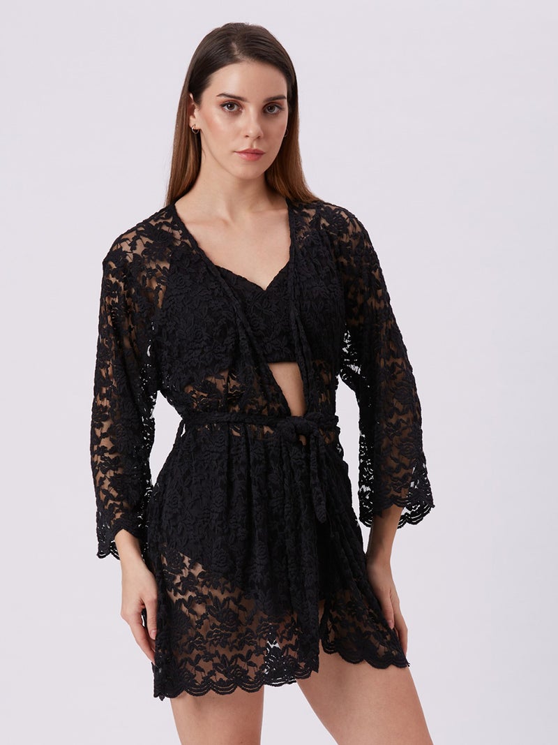 AMMARZO Women’s Black Lace Robe with Belt | Elegant Nightwear Cover Up | Sheer Floral Design Nylon Spandex Sleepwear for Ladies | Luxury Night Robe for Women - Image 2