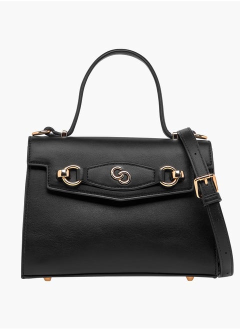 Women Solid Satchel Bag with Detachable Strap and Button Closure