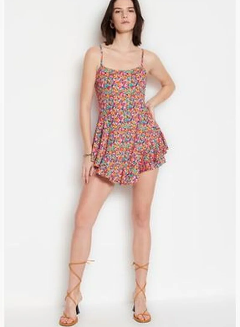 trendyol Multi-Colored Printed Mini Knitted Overalls with Straps and Ruffles and Shorts