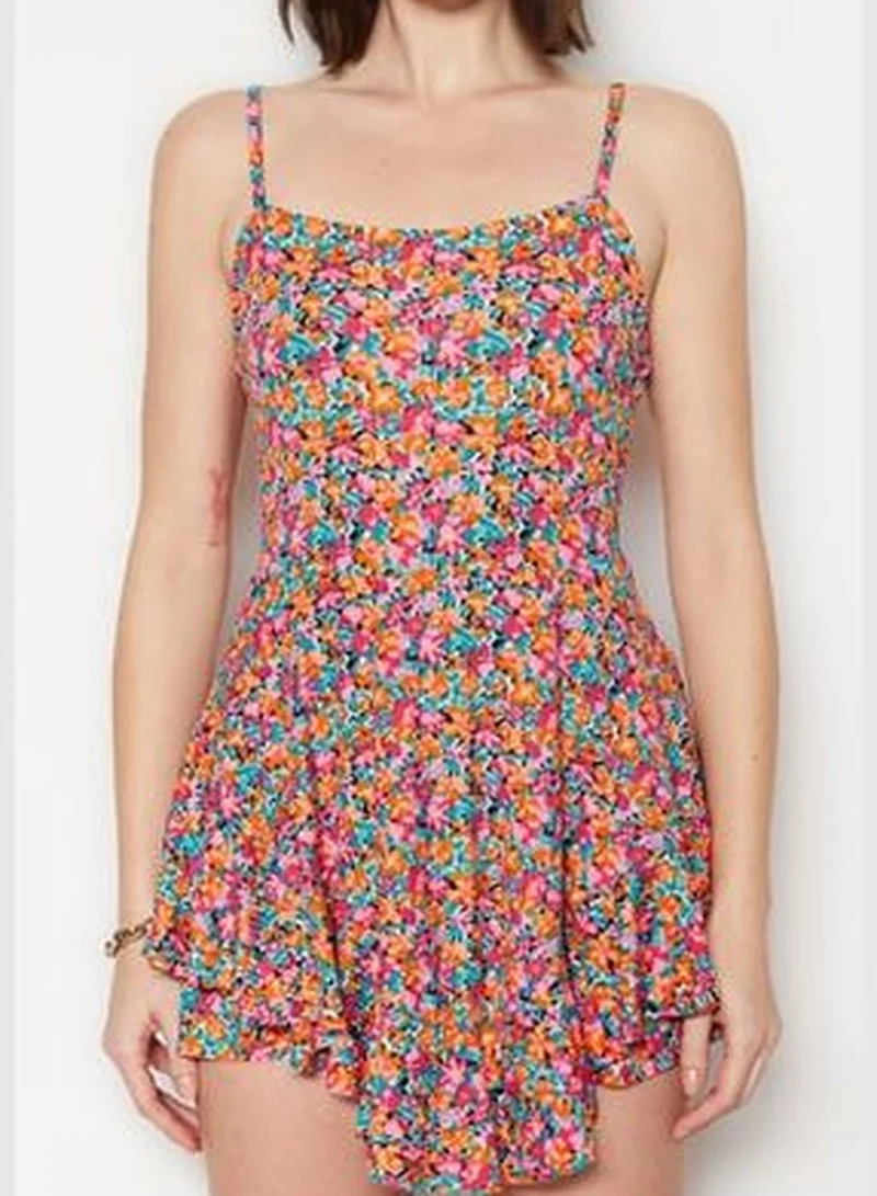trendyol Multi-Colored Printed Mini Knitted Overalls with Straps and Ruffles and Shorts