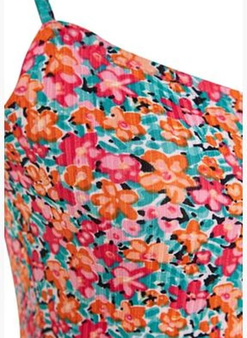 trendyol Multi-Colored Printed Mini Knitted Overalls with Straps and Ruffles and Shorts