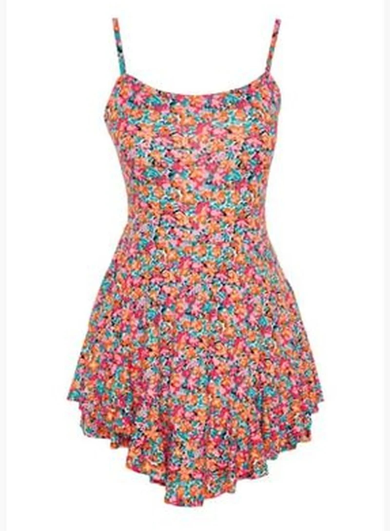 trendyol Multi-Colored Printed Mini Knitted Overalls with Straps and Ruffles and Shorts