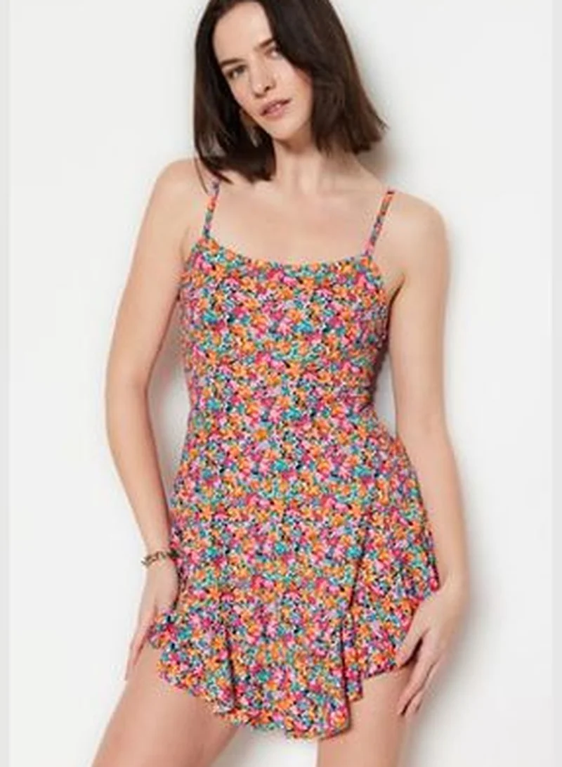 trendyol Multi-Colored Printed Mini Knitted Overalls with Straps and Ruffles and Shorts
