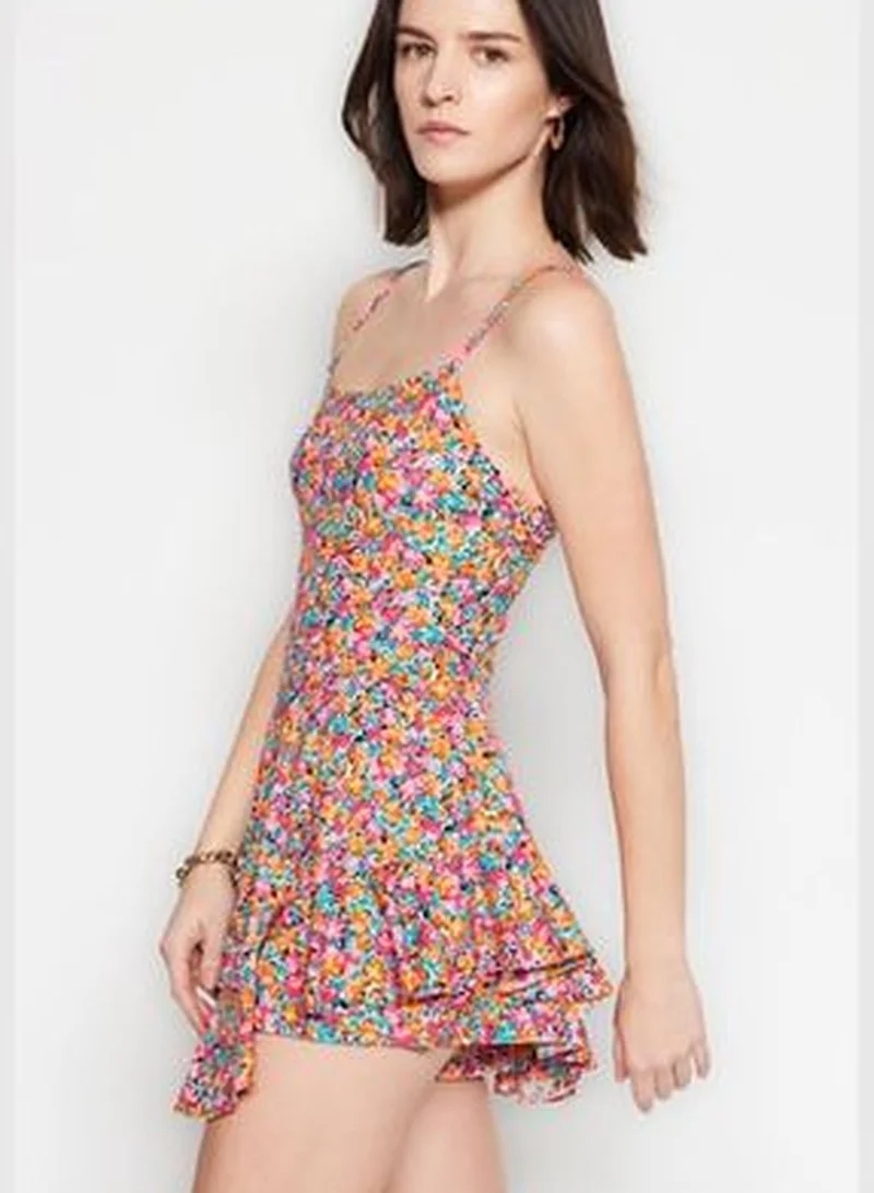 trendyol Multi-Colored Printed Mini Knitted Overalls with Straps and Ruffles and Shorts