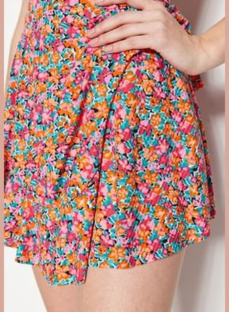 trendyol Multi-Colored Printed Mini Knitted Overalls with Straps and Ruffles and Shorts