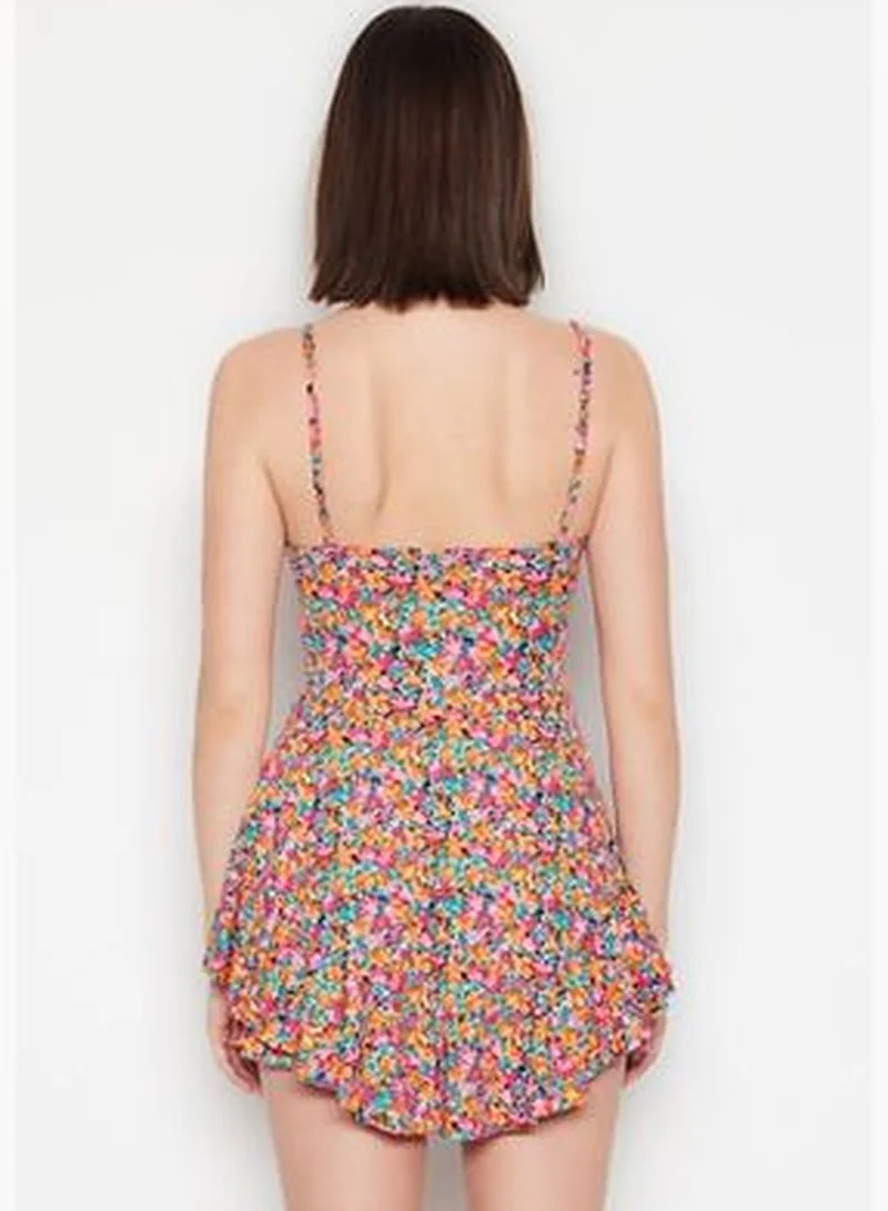 trendyol Multi-Colored Printed Mini Knitted Overalls with Straps and Ruffles and Shorts