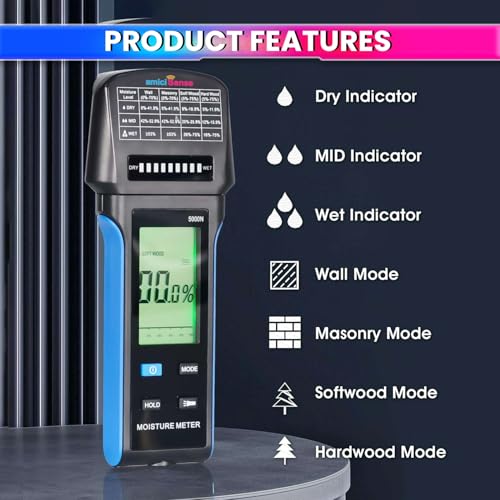 amiciSense Digital Moisture Meter with LED Indicators & Flashlight | Non-Destructive Wall, Wood & Masonry Humidity Tester | Multifunctional Hygrometer with Audible Alarm & Rechargeable Battery - Image 3
